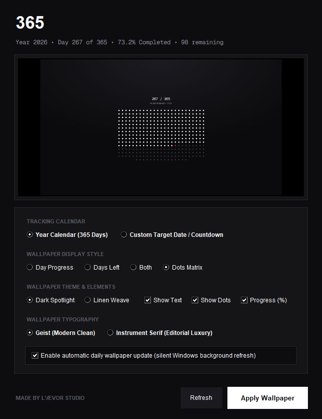 365 Leavor Studio Windows Native Date Wallpaper Control Panel UI Dark