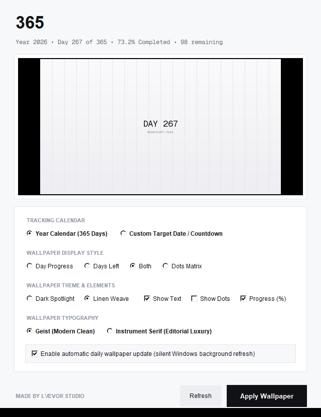365 Leavor Studio Windows Native Date Wallpaper Control Panel UI Light